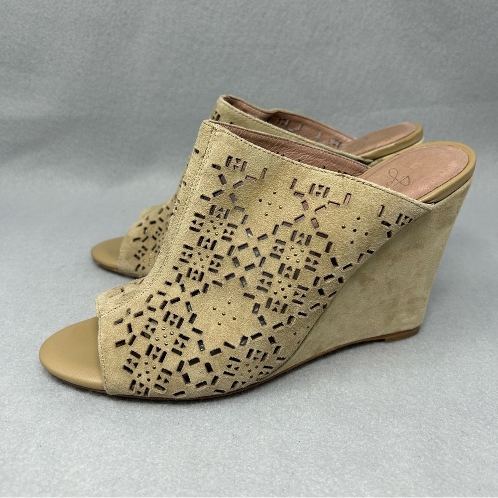 Joie Beige Laser-Cut Suede Wedge Mules